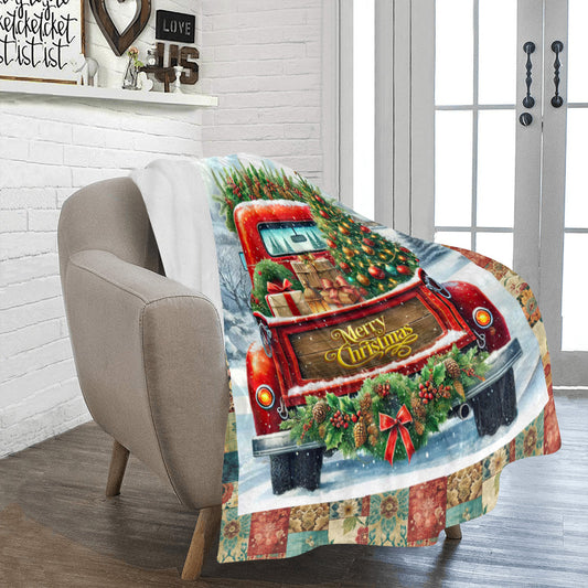 Christmas Vintage Truck Faux Patchwork Quilt Micro Fleece Blanket (Made in USA)