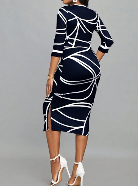 Ladies' Casual Printed Dress - Round Neck Women's Casual Dress