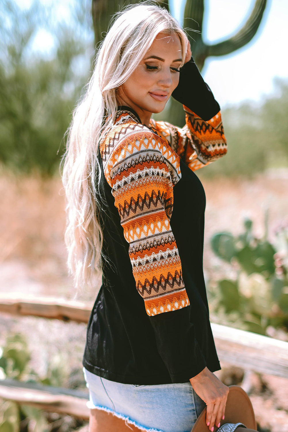 Orange Geometric Print Raglan Patchwork Long Sleeve Shirt