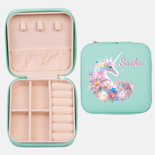 Beautiful Unicorn Jewelry Box Travel Case with Custom Name