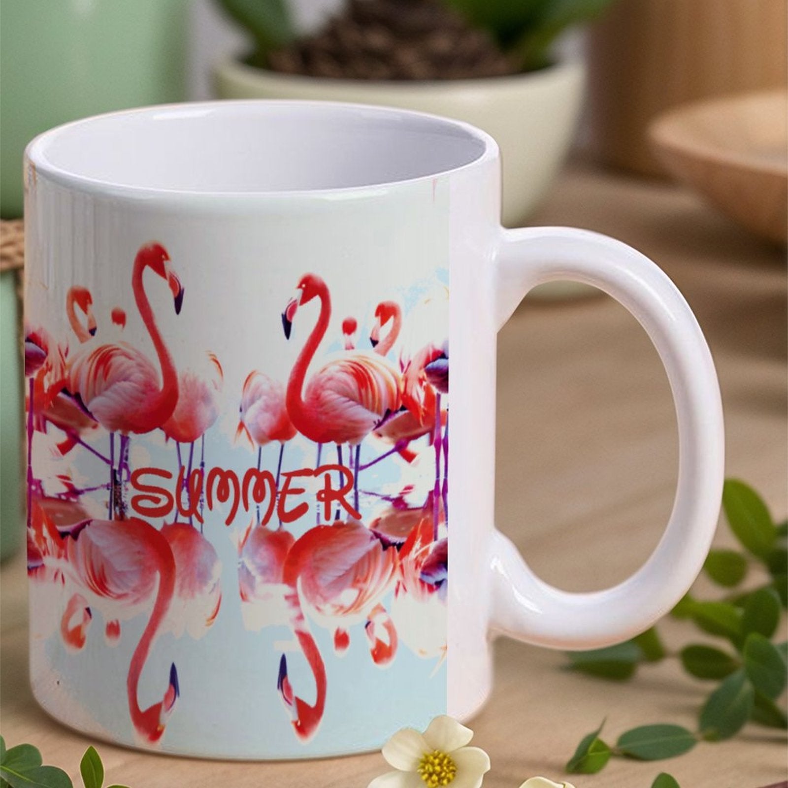 Pink Flamingos Summer Design 14oz White Ceramic Mug with Handle (Made in USA)