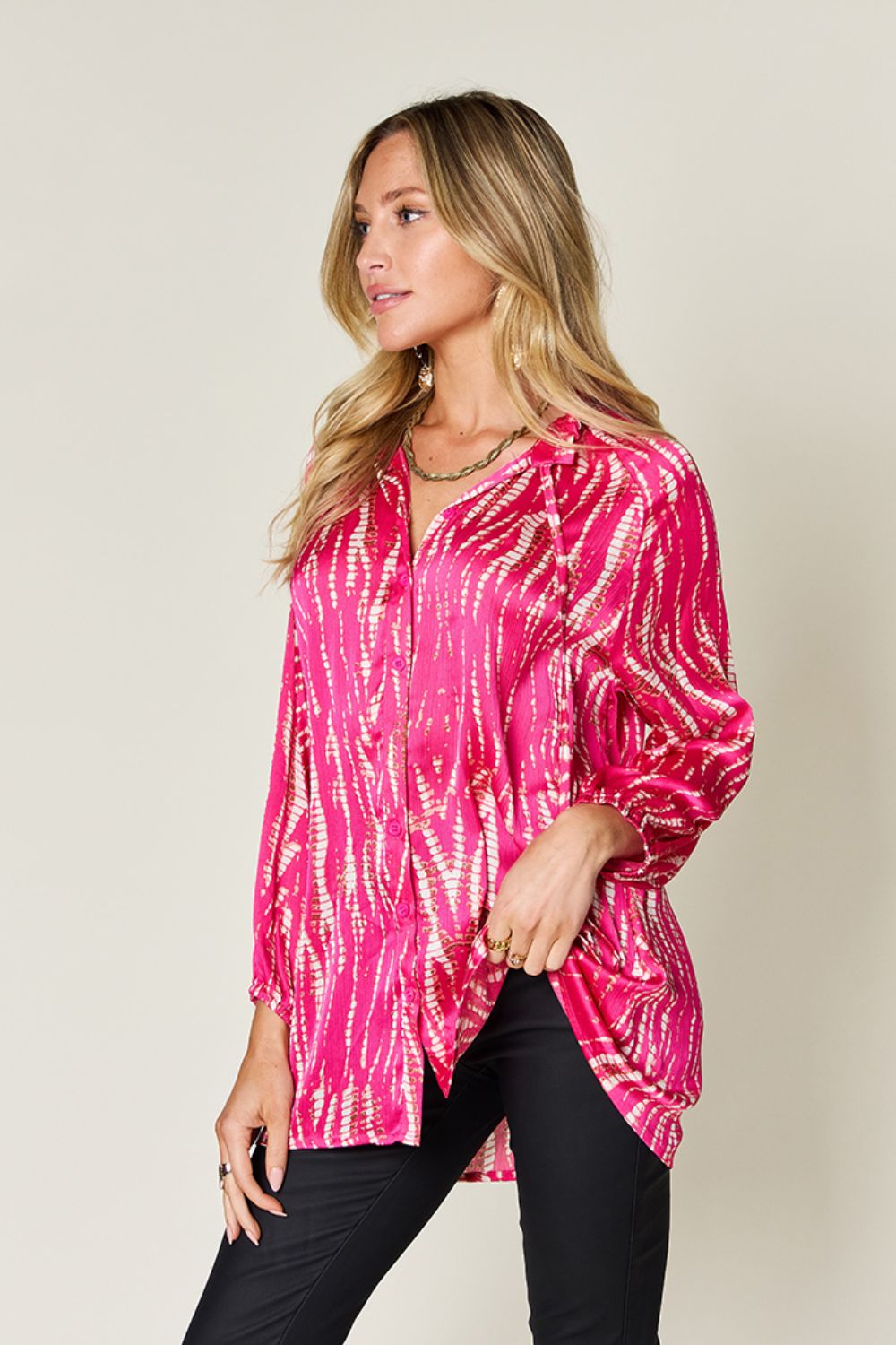 Women's Double Take Printed Button Up Long Sleeve Shirt