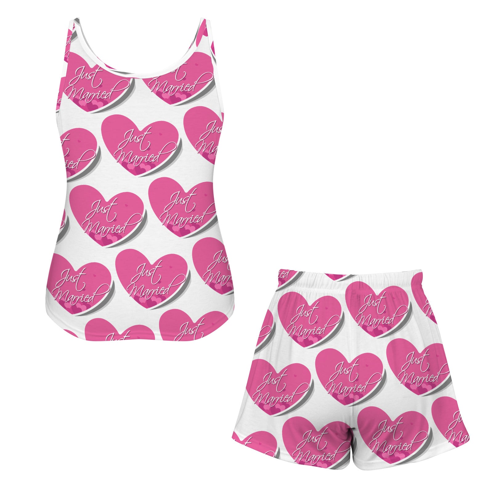 Just Married Pink Hearts Women's 2-piece Tank Top Pajama Shorts Set (Made in USA)