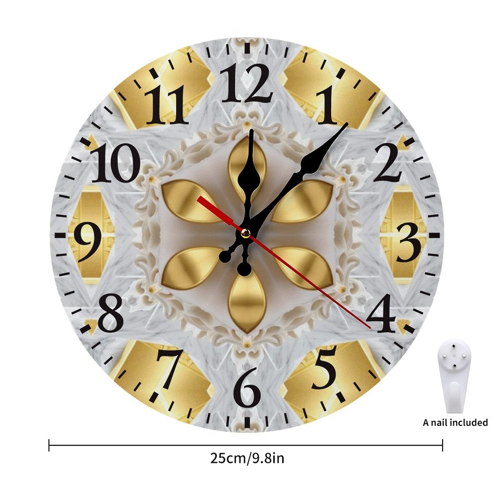 Decorative wall clock with gold and black design on a white background