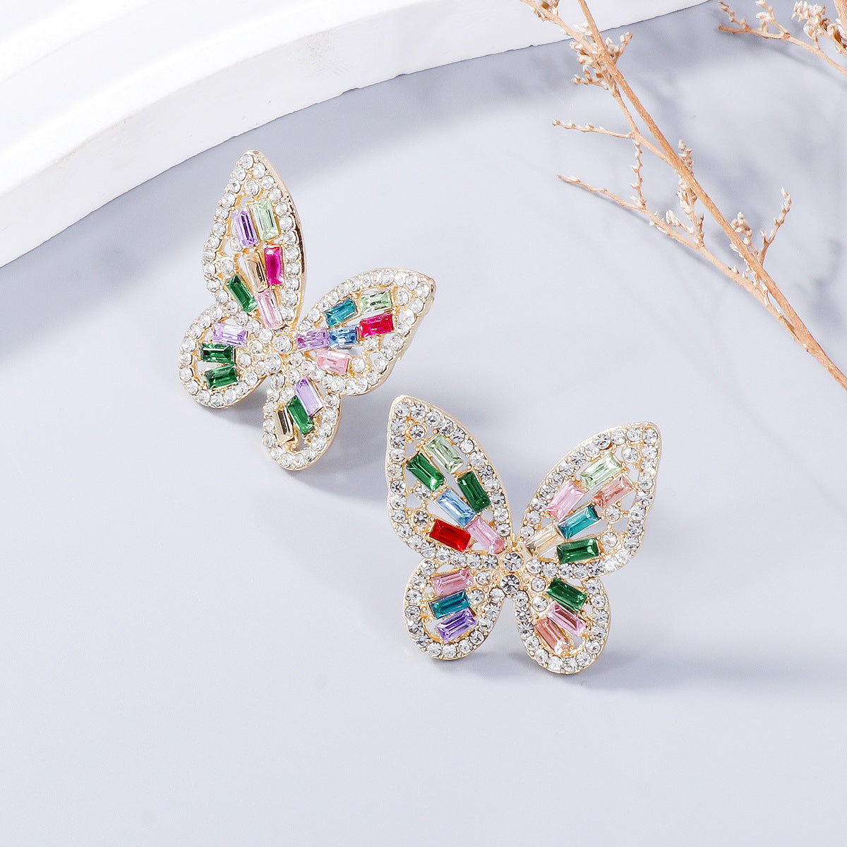 Alloy Inlaid Colorful Rhinestone Butterfly Earrings