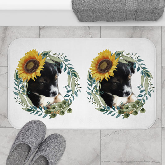 Cute Black Puppy with Sunflower Hat Memory Foam Bath Mat