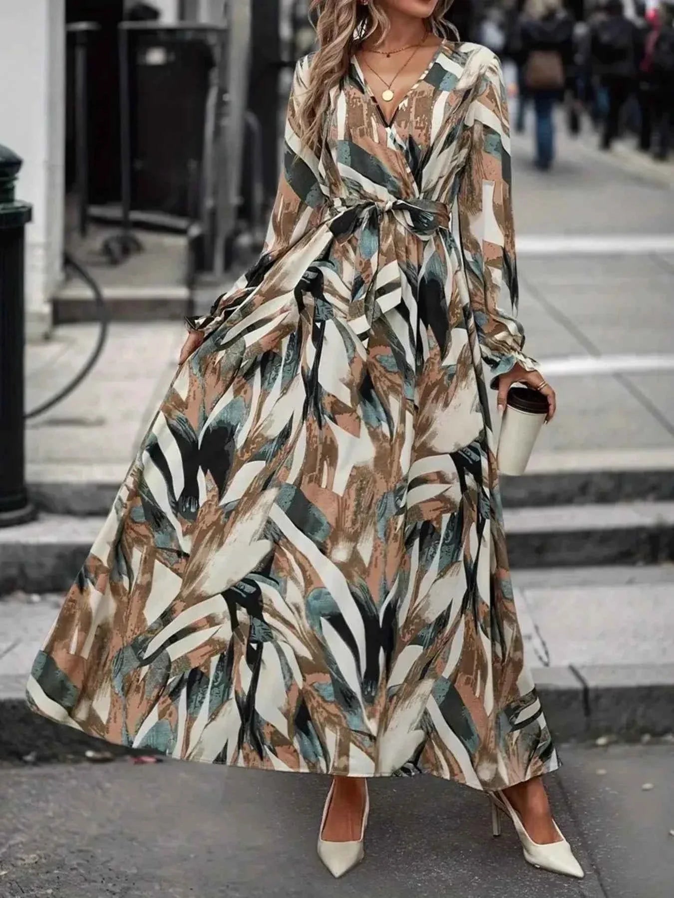 Printed Surplice Belted Flounce Long Sleeve Maxi Dress