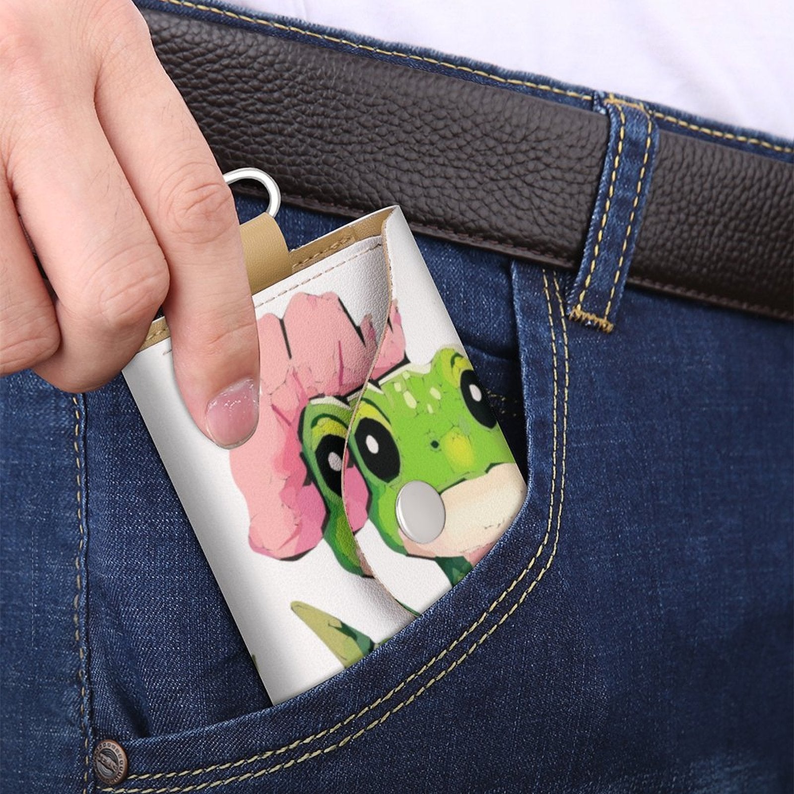 Green Frog on Lily Pad Leather Cardholder and Keychain