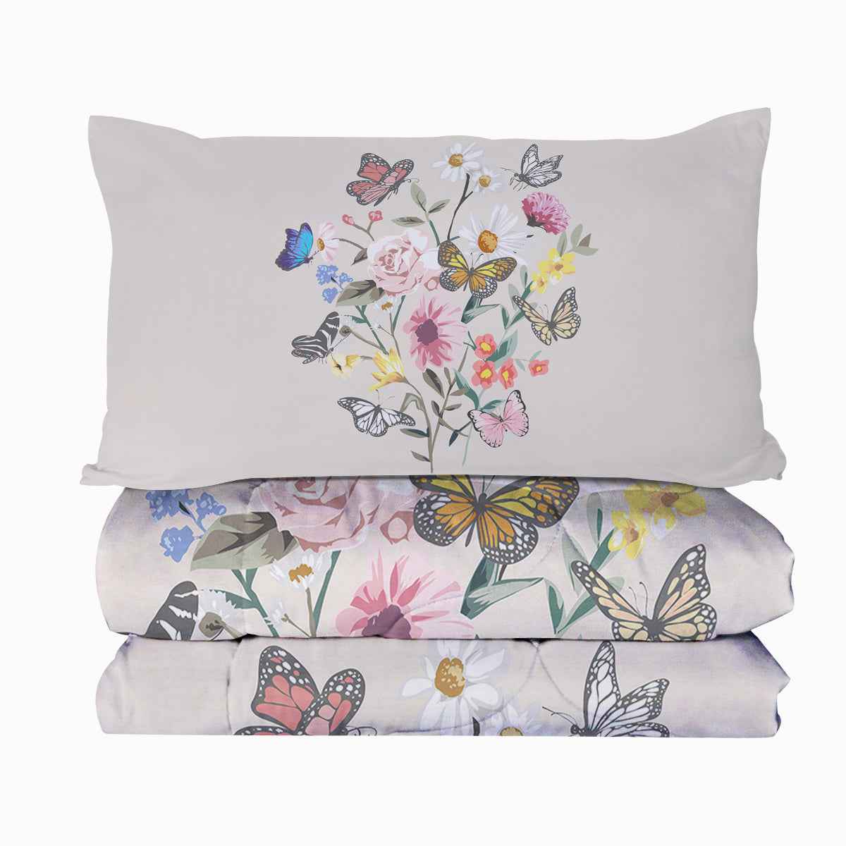 Khaki Twin Size Butterfly & Flowers Ultrasoft Comforter Set - 3 piece set