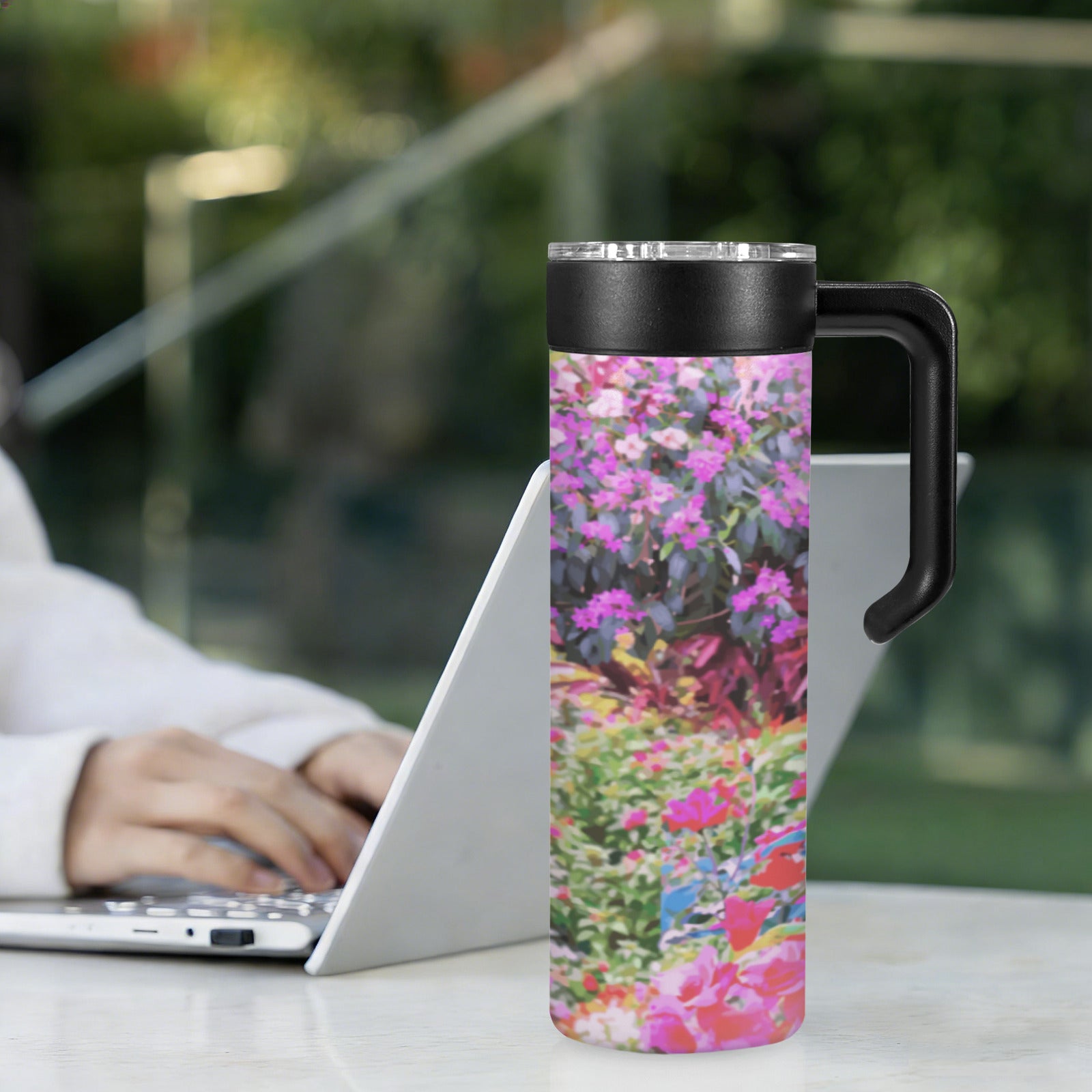 White Horse with Floral Background 600ml Insulated Water Bottle with Screw On Handle