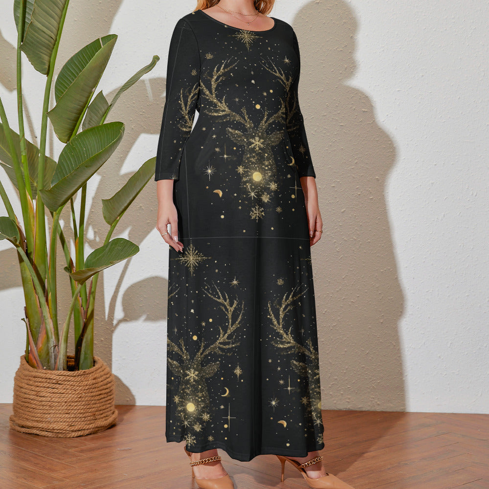 Women's Sparkle Reindeer Plus Size Crew Neck Long Sleeve Maxi Dress