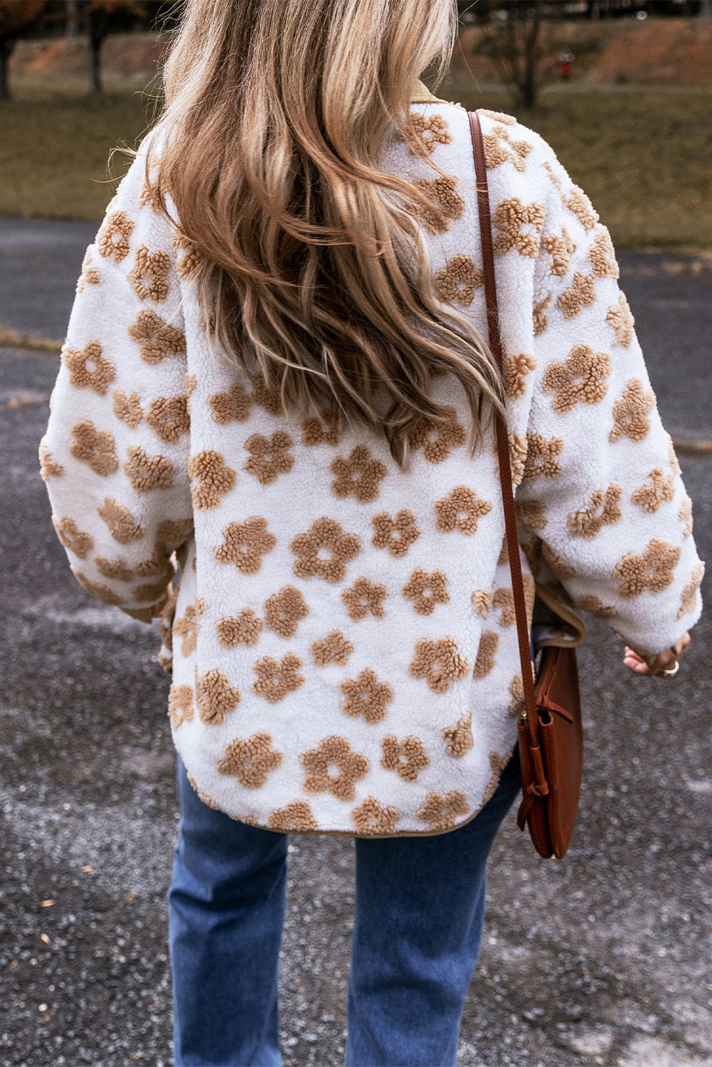 Beige Floral Button-Up Fleece Pocketed Jacket