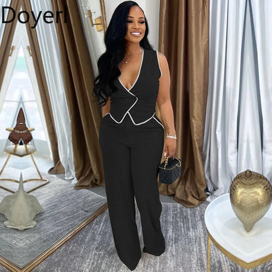 Women's Elegant 2 Piece Set Double-breasted Vest Top and Wide Leg Pants Suit Outfit