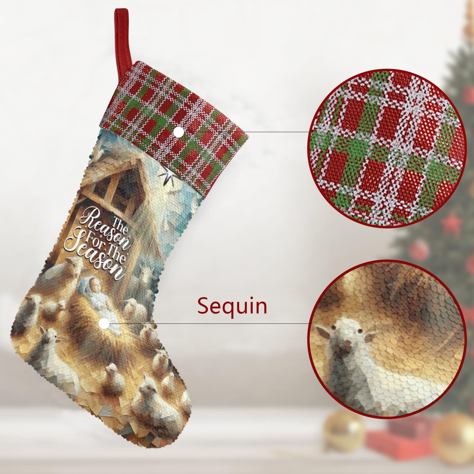 Baby Jesus Reason for the Season Sequin Christmas Stocking (Made in USA)