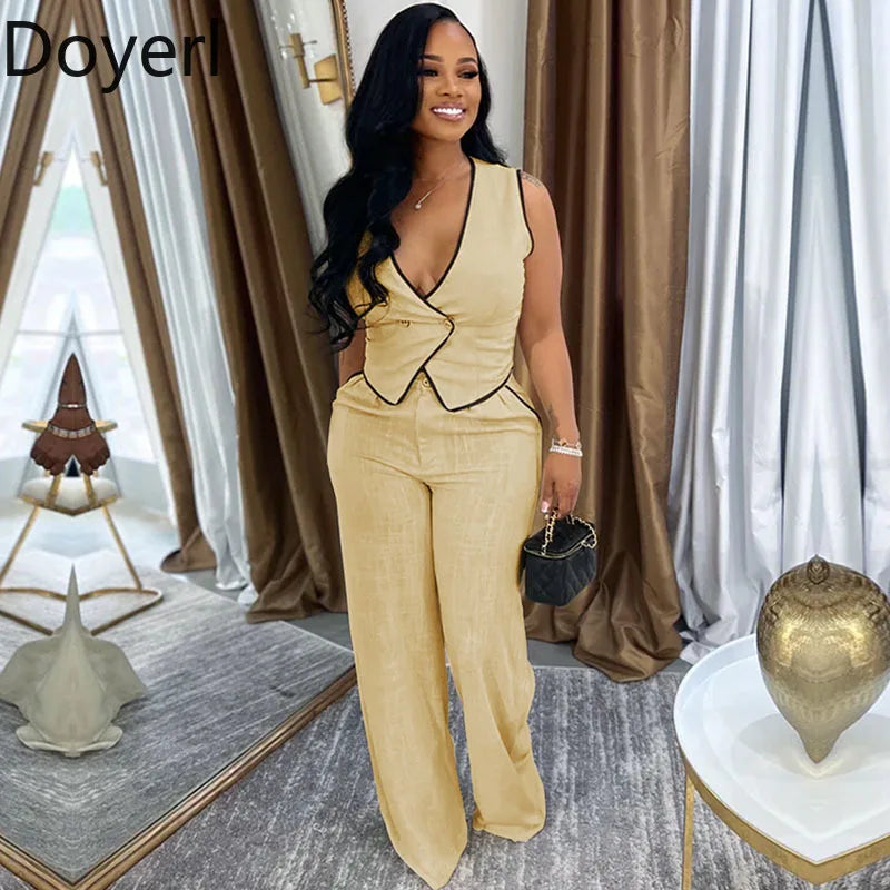 Women's Elegant 2 Piece Set Double-breasted Vest Top and Wide Leg Pants Suit Outfit