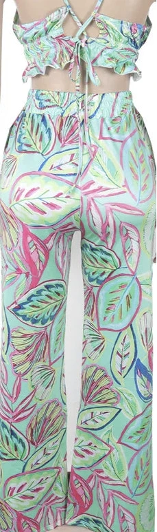 Women's Tropical Leaf Printed Lace-Back Crop Top And Wide Legs Pant Set Summer Ruched Floral Tracksuits Set Beach Outfits
