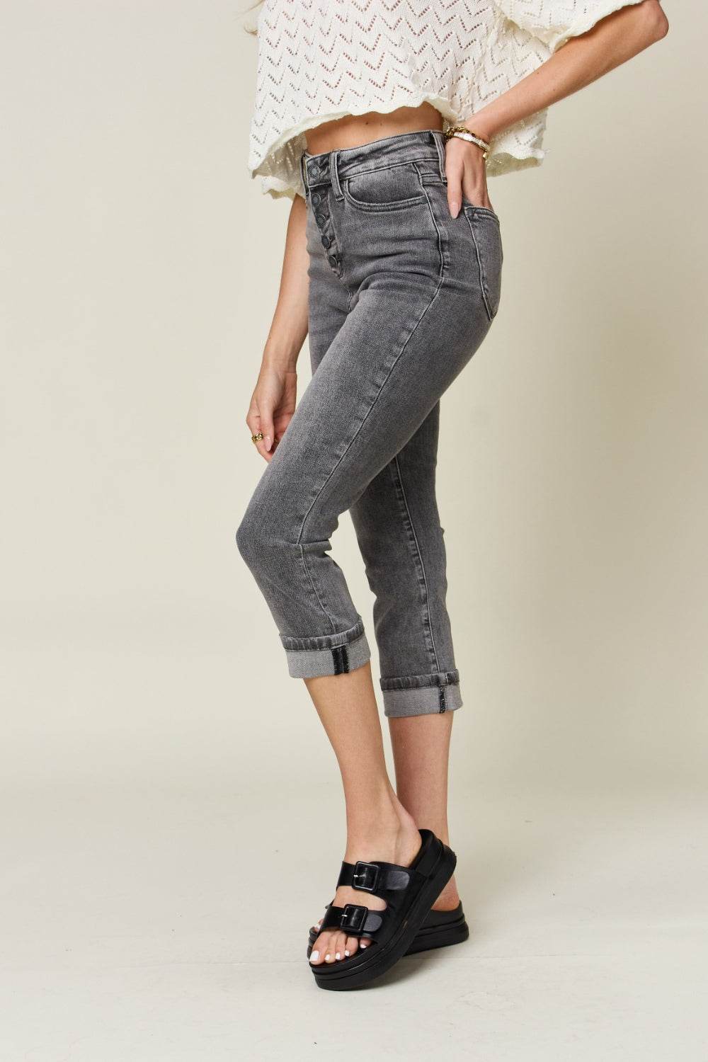 Judy Blue Full Size Button Fly High Waist Cuffed Women Capris