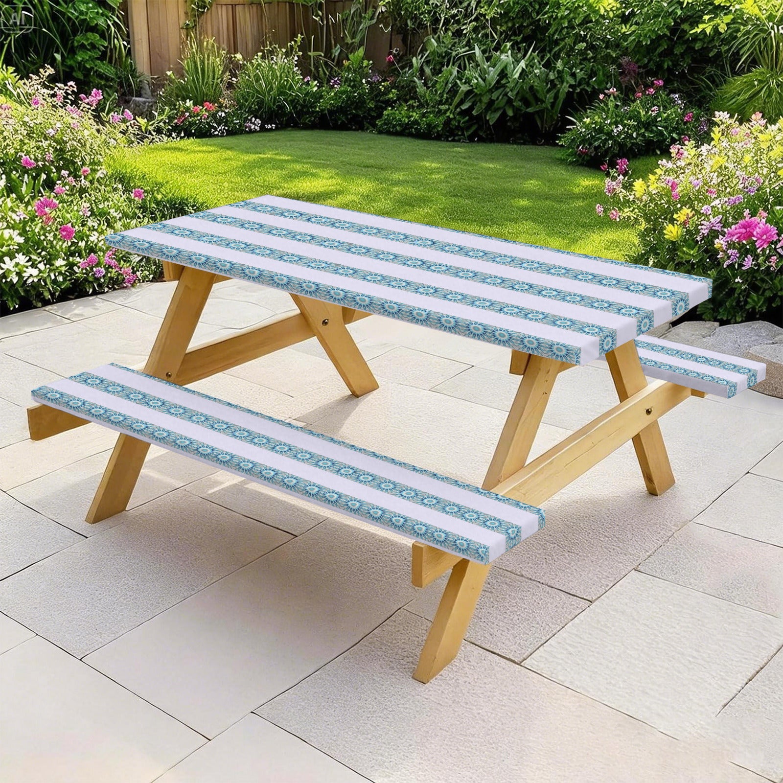 Green and White Stripes Picnic Table & Bench Covers Set 60