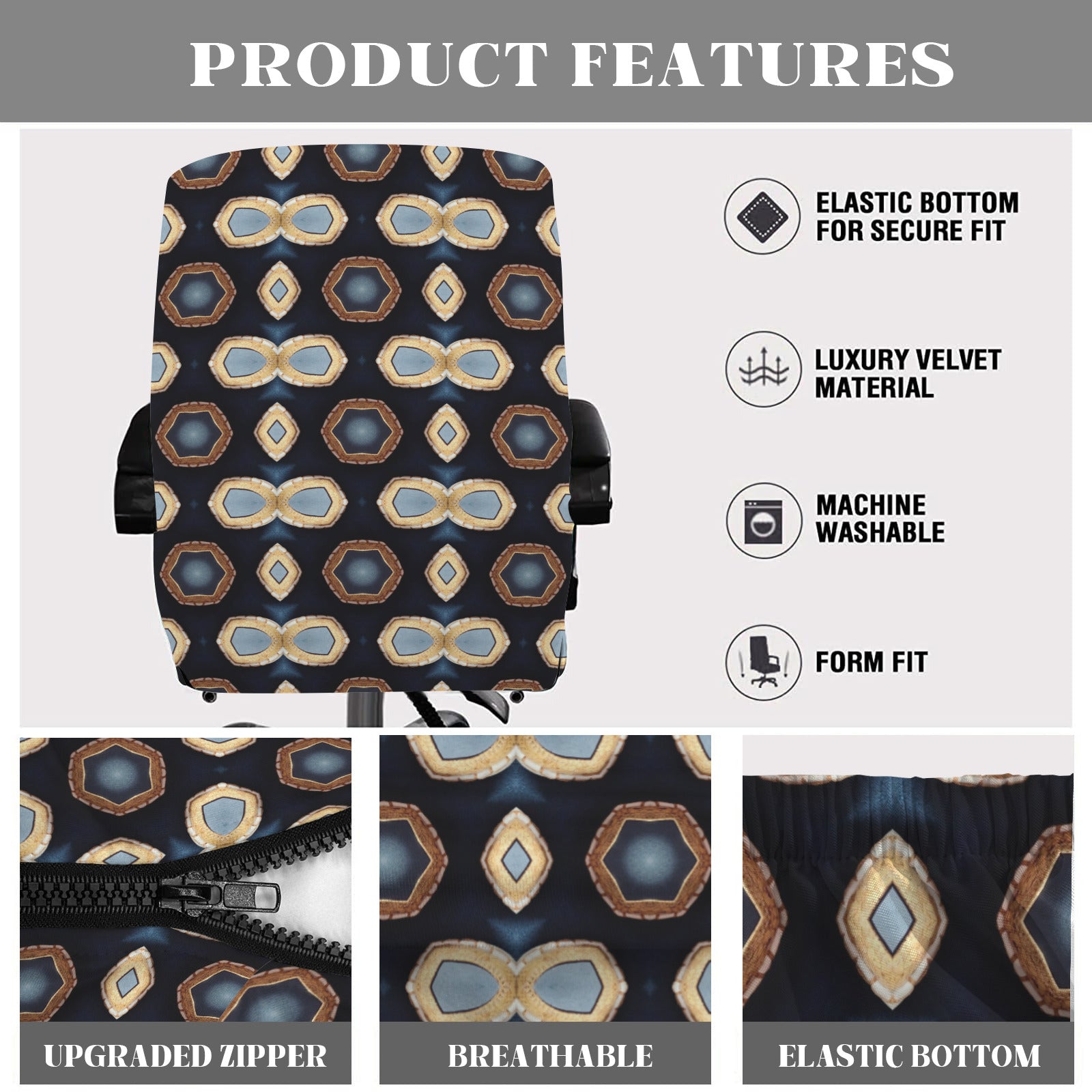 Gold Shapes on Navy Blue Office Chair Cover (Made in USA)