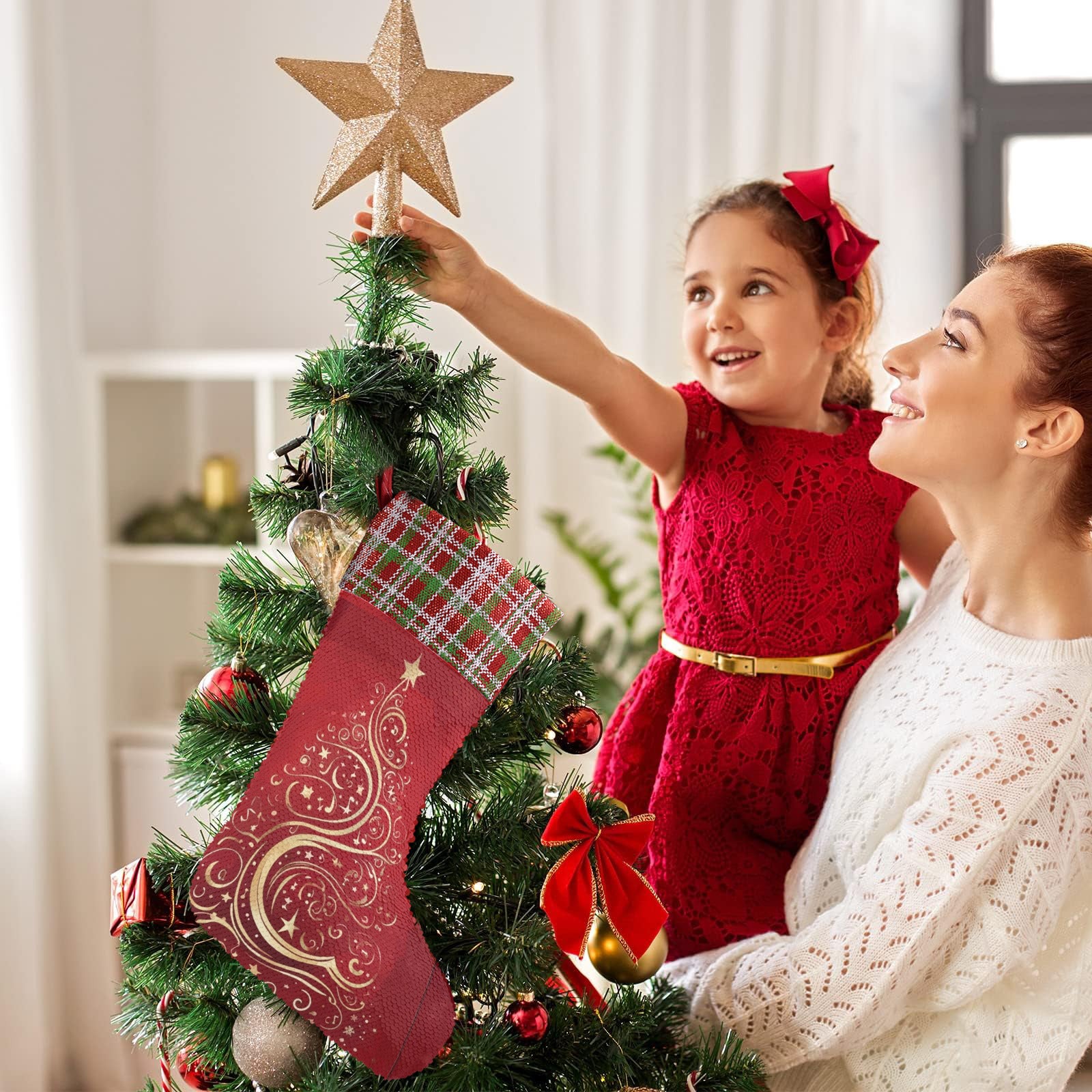 Gold Christmas Tree on Red Sequin Christmas Stocking (Made in USA)