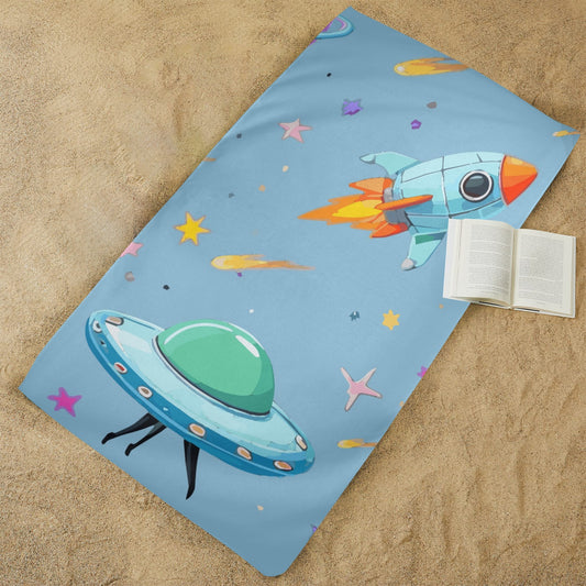 Space Illustration with Rocket Beach Towel 29" x 58" (Made in USA)