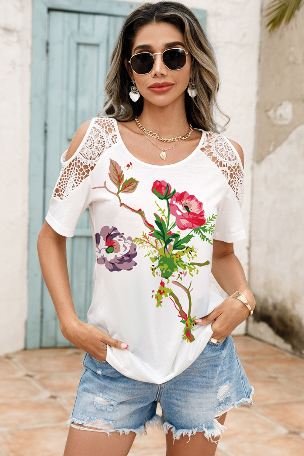 Women's Lace Detail Cold Shoulder Printed White Blouse