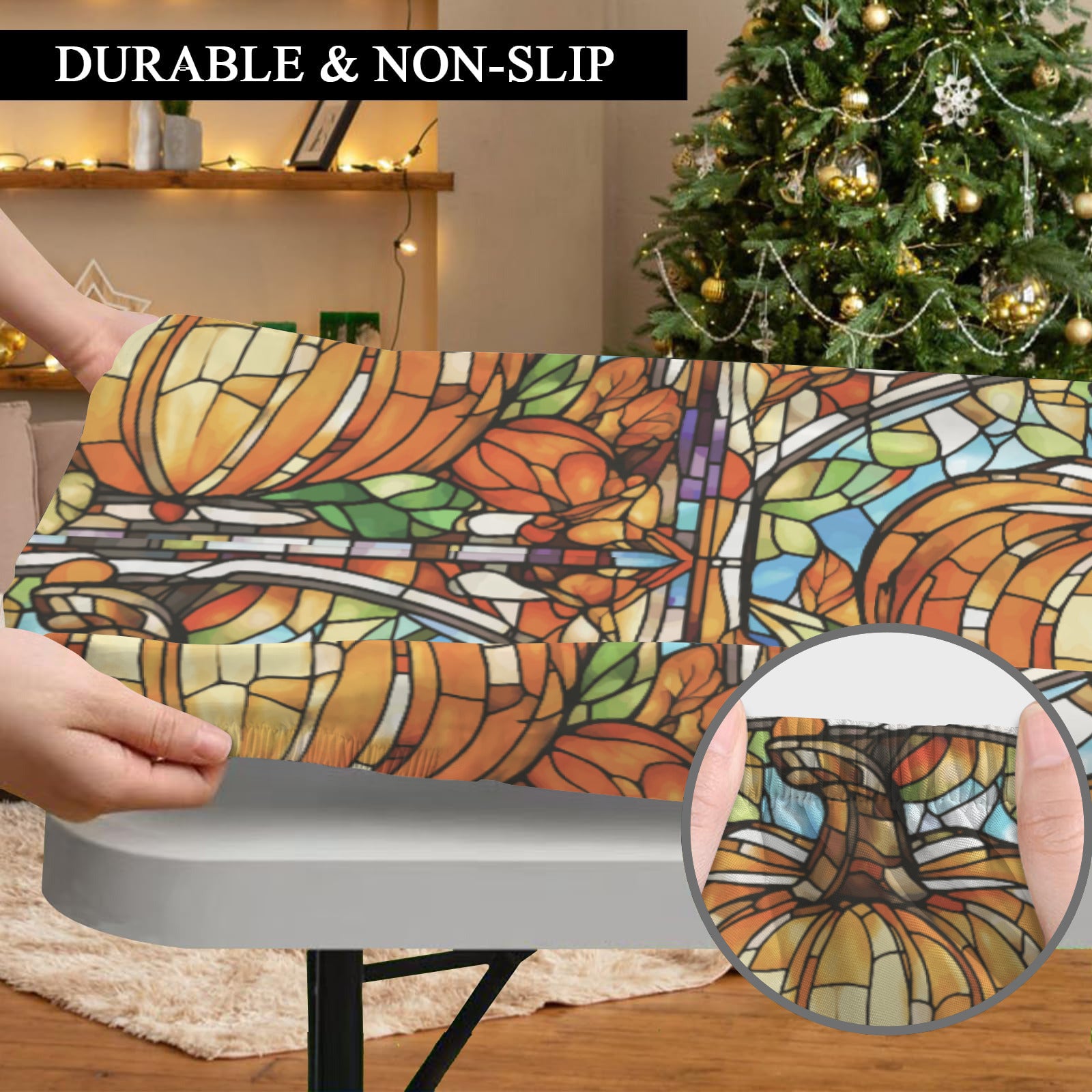 Thanksgiving Stained Glass Pumpkin Custom Elastic Fitted Tablecloth (Made in USA)