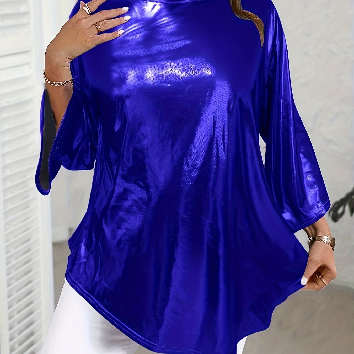 Metallic Asymmetrical 3/4 Sleeve Trendy Plus Size Top