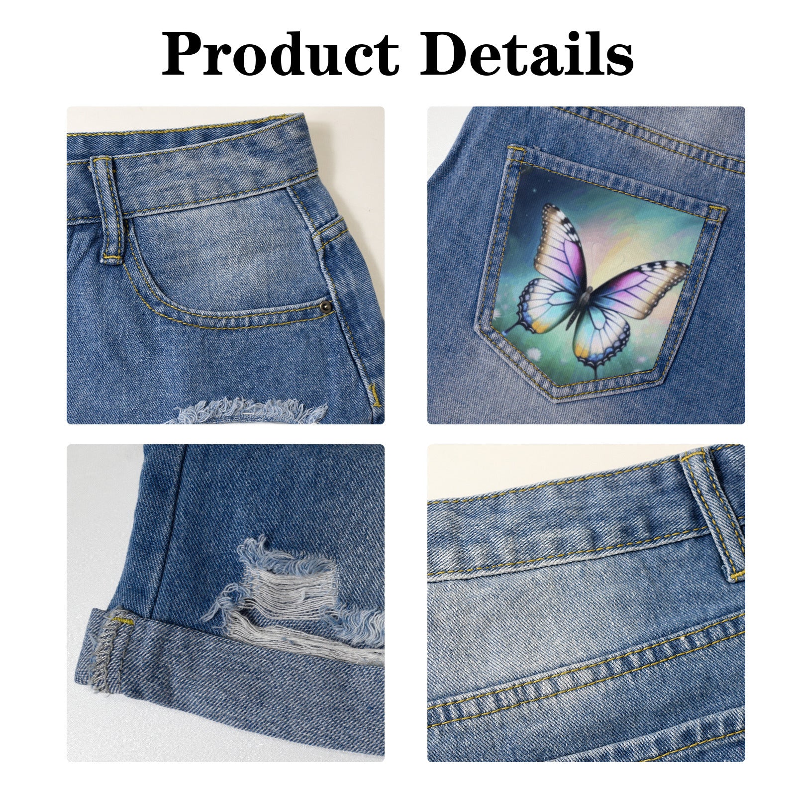 Beautiful Butterfly Light Blue Denim Shorts with Dual Pockets Design