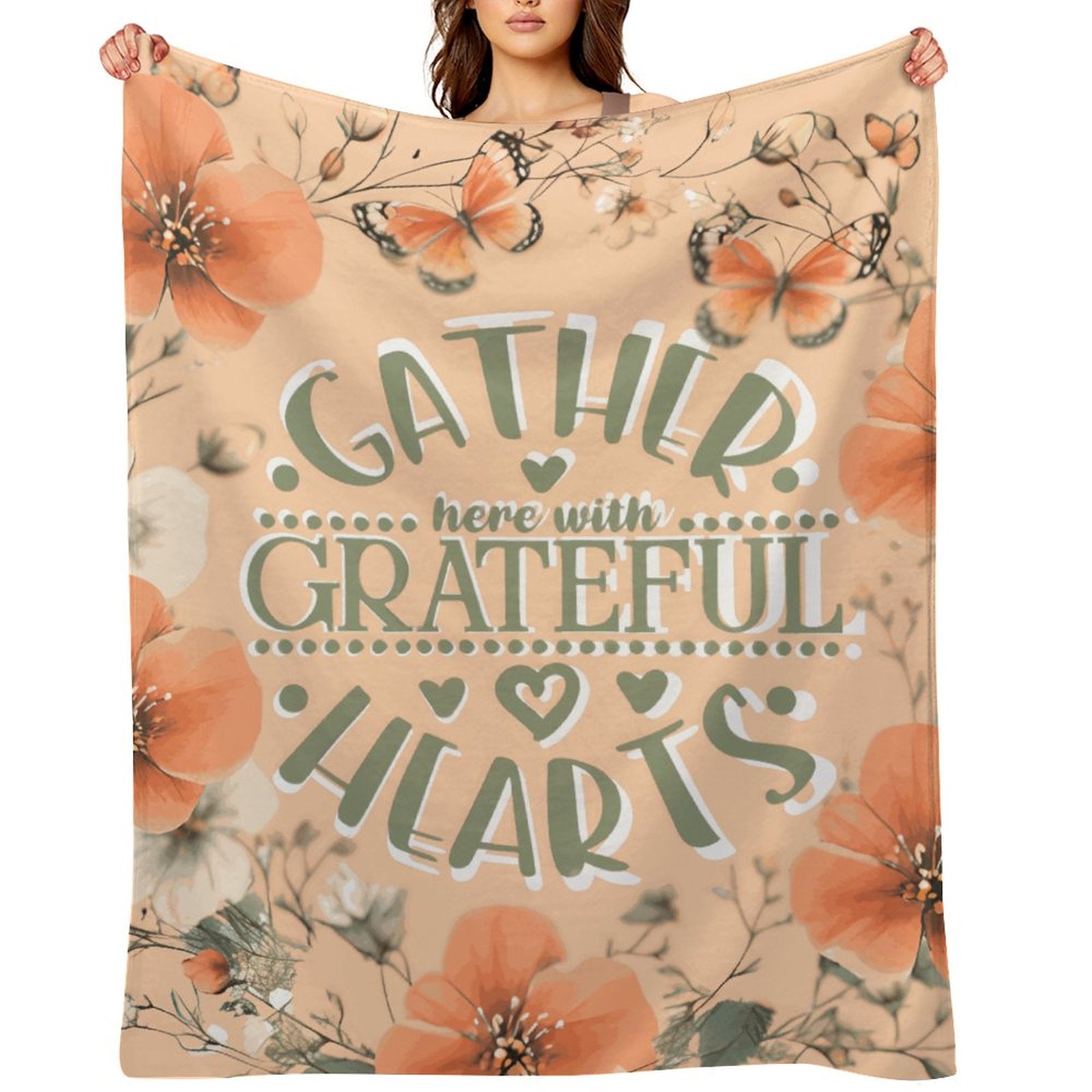 Gather Here with Grateful Hearts Orange Flannel Throw Blanket - 40