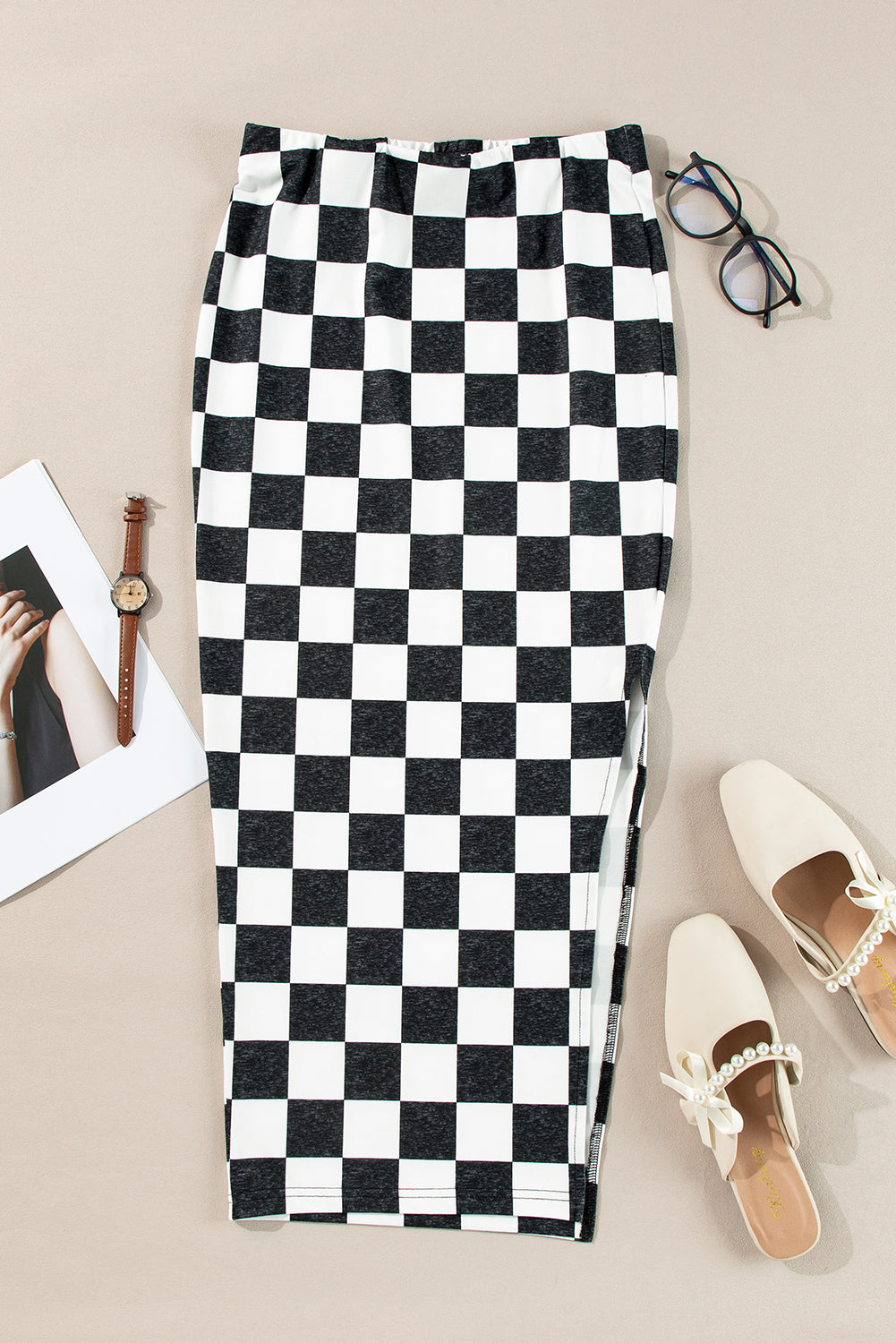 Women's Black & White Checkered Side Slit High Waist Midi Skirt