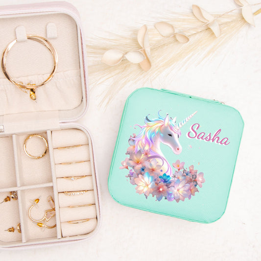 Beautiful Unicorn Jewelry Box Travel Case with Custom Name