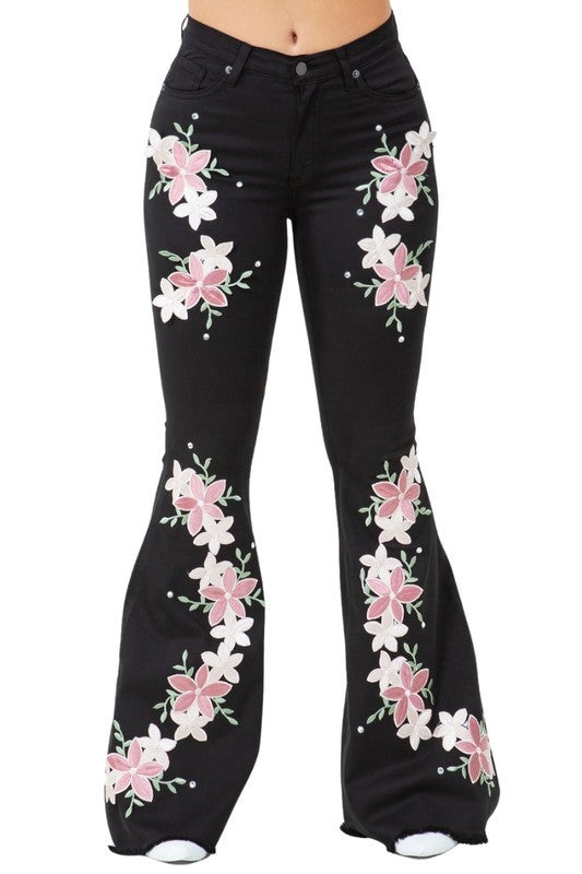 Women's Angela Bell Bottom Floral Jeans in Black