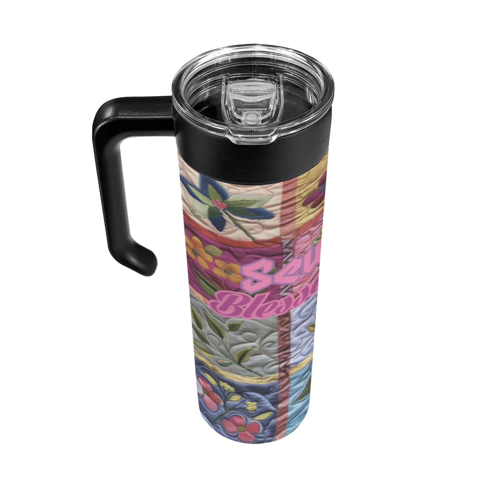 Sew Blessed Quilted Design 20 oz Insulated Water Bottle with Handle | Ships from USA
