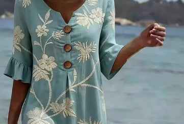 Women's Resort V-Neck Coconut Print Loose Three-Quarter Sleeve Dress