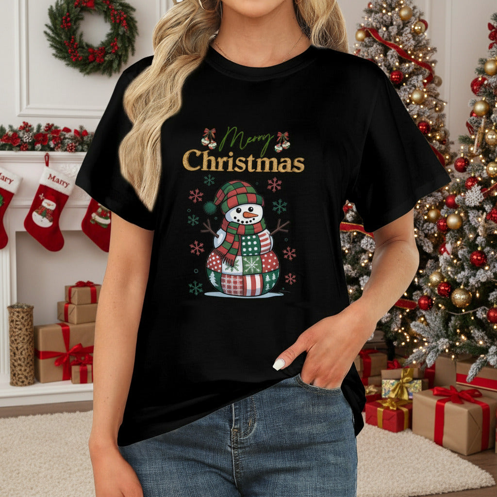 Person wearing a black t-shirt with a Christmas-themed design featuring a snowman and 'Merry Christmas' text.