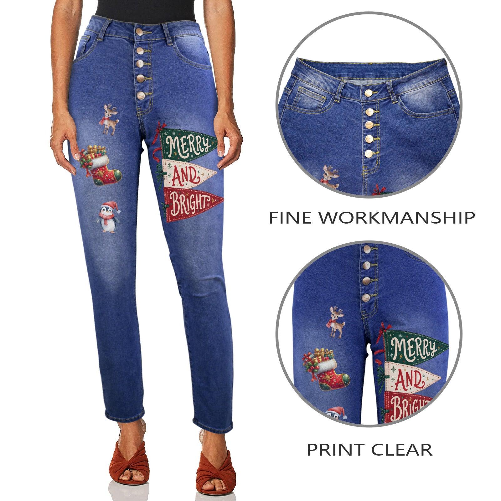 Merry & Bright Christmas Women's Jeans (Front Printing) (Model L75)