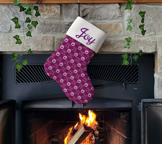 Christmas Wreaths on Plum with Joy Christmas Stocking