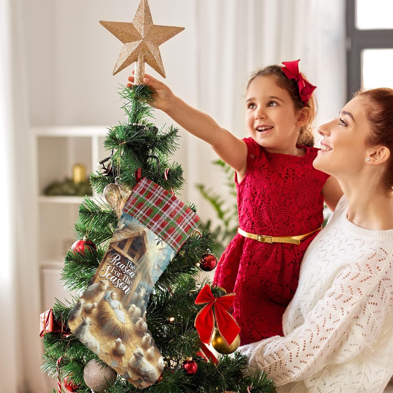 Baby Jesus Reason for the Season Sequin Christmas Stocking (Made in USA)