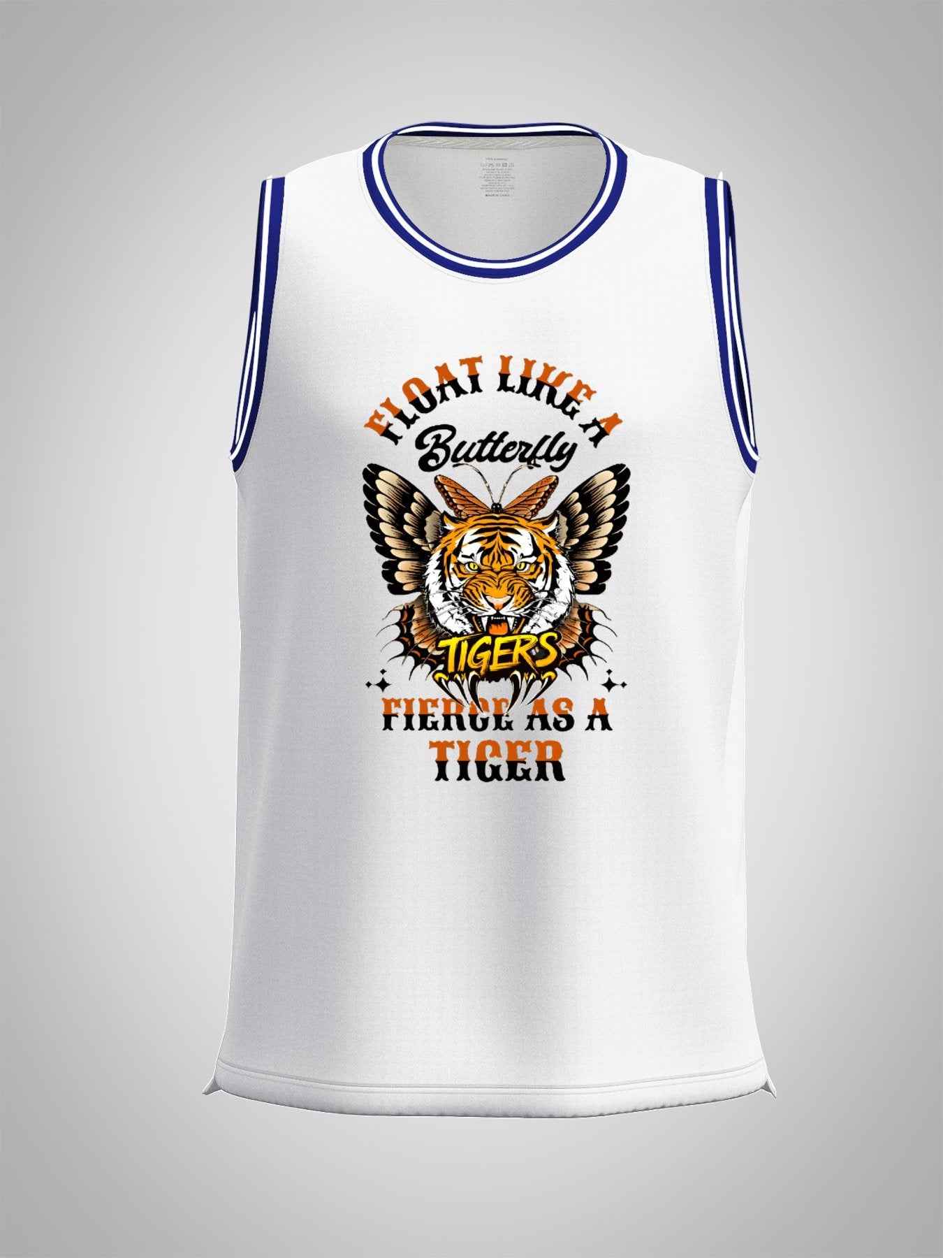 Float Like a Butterfly Fierce Tiger Adult White with Trim Basketball Jersey | Ships From USA