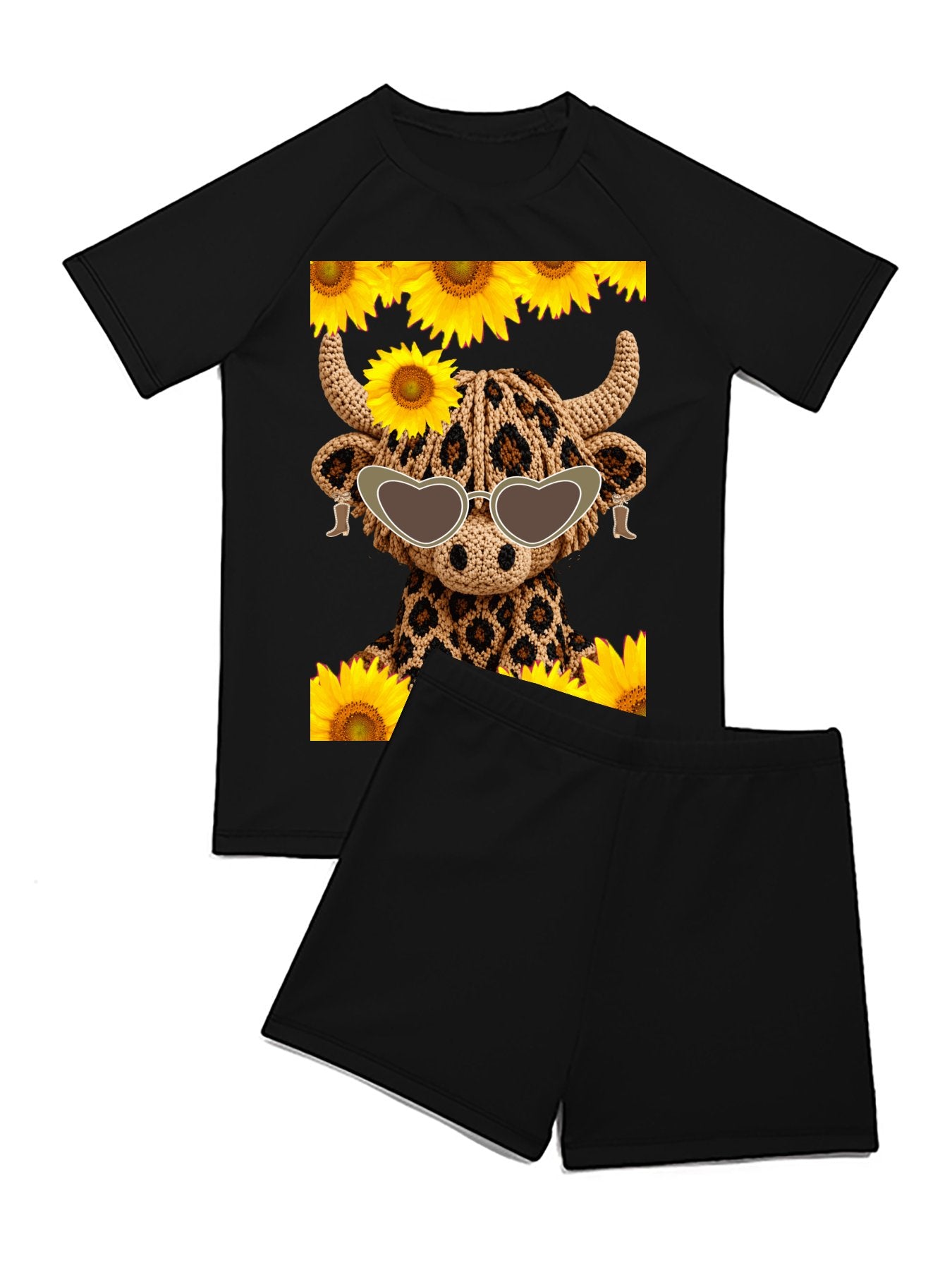 Yarn Highland Calf with Sunglasses Short Sleeved Swimsuit for Children (Front Printing)