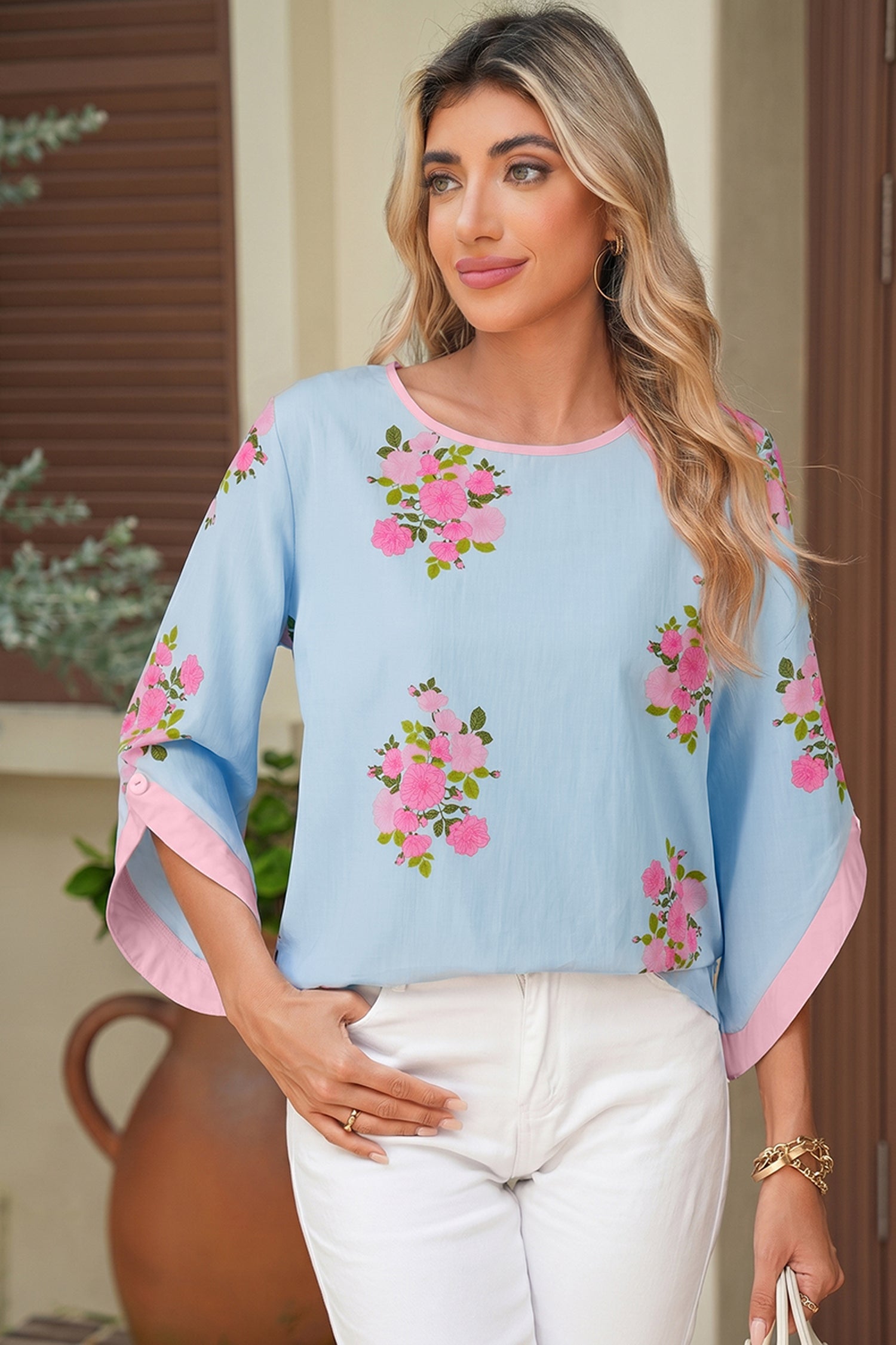 Floral Button Cuffed 3/4 Sleeve Round Neck Blouse