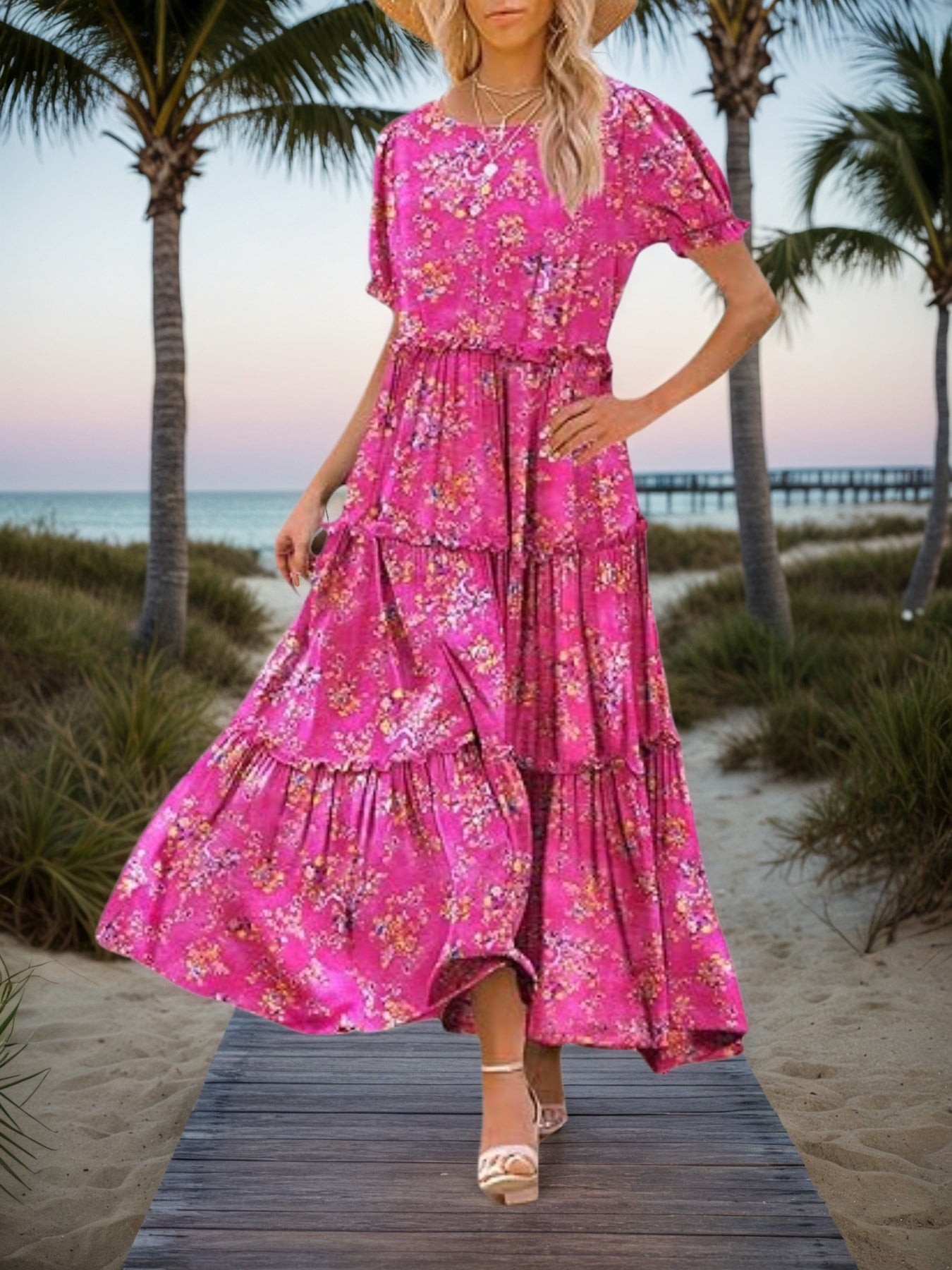 Women’s Pink Floral Summer Bohemian Short Sleeve Maxi Dress with Pockets