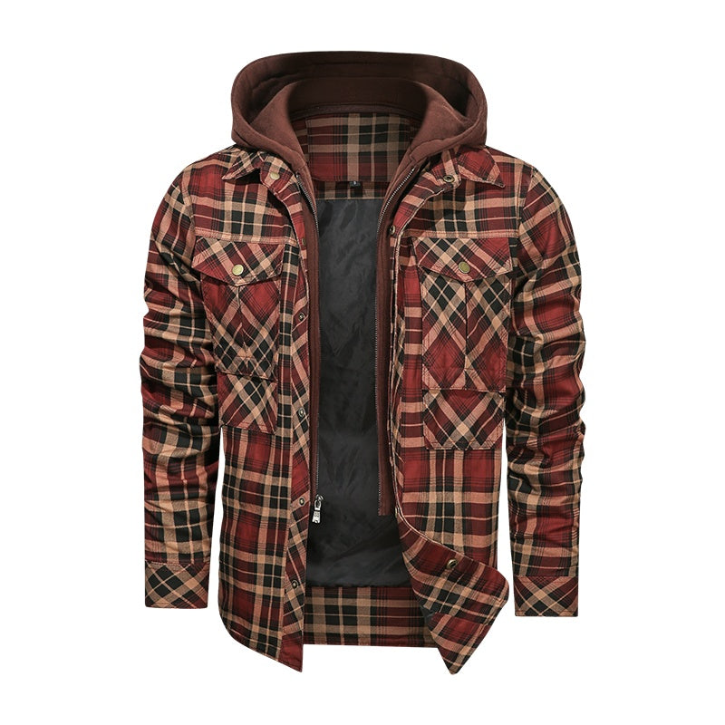 Men's Plaid Fleece Lined Detachable Hood Jacket