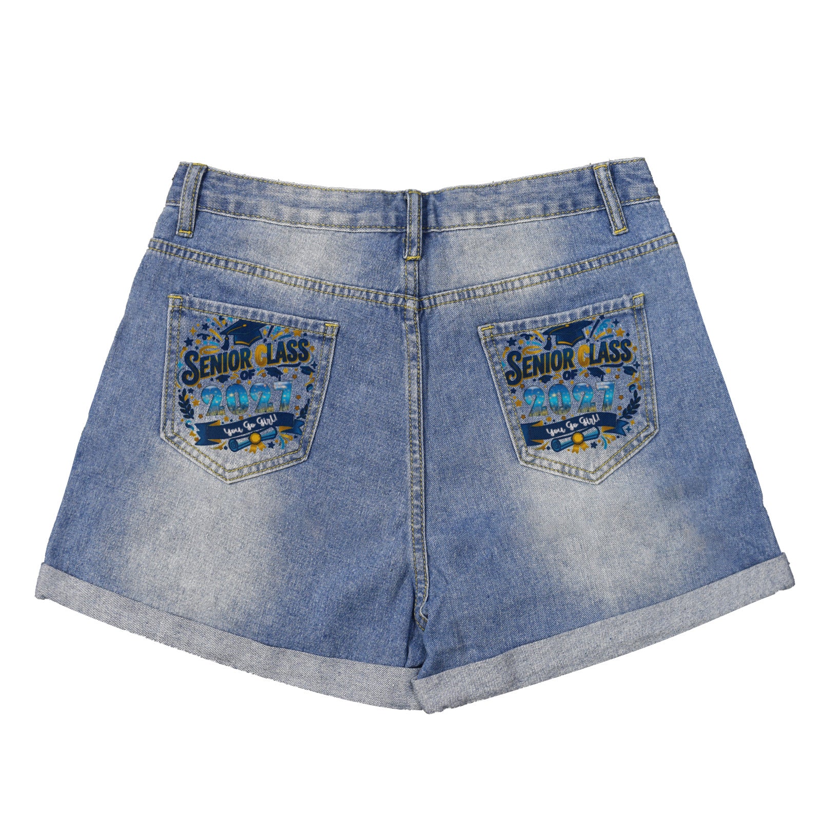Senior Class of 2027 Light-Wash Blue Denim Shorts (Dual Pockets Print)