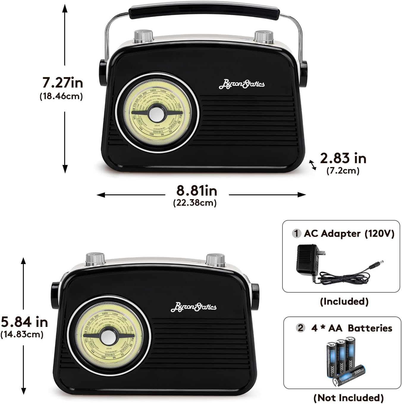 Small Portable Retro Black AM/FM Radio Bluetooth Speaker with Large Tuning Dial