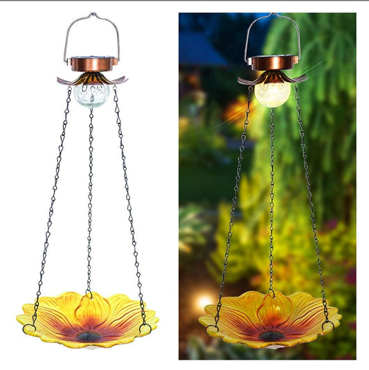 Solar Hanging Bird Bath 24 inch Glass Bird Feeder with Light