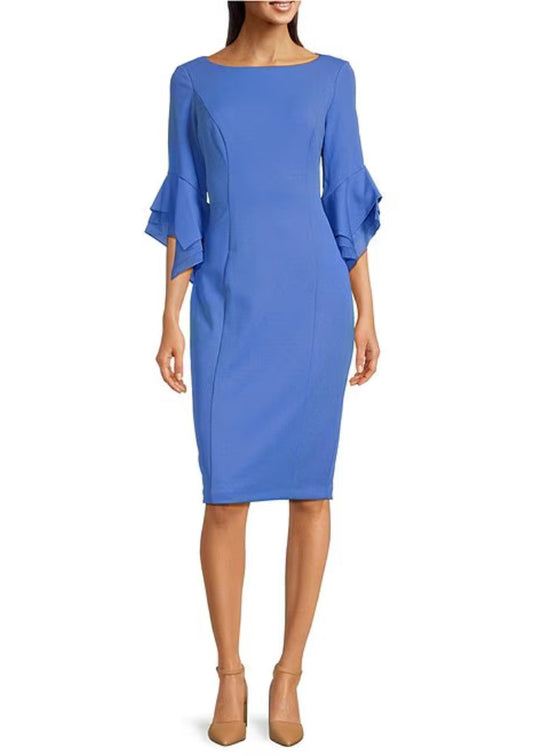 Adrianna Papell Boat Neckline Tiered Bell Sleeves Back Zipper Closure Sheath Silhouette Dress (Plus Size)