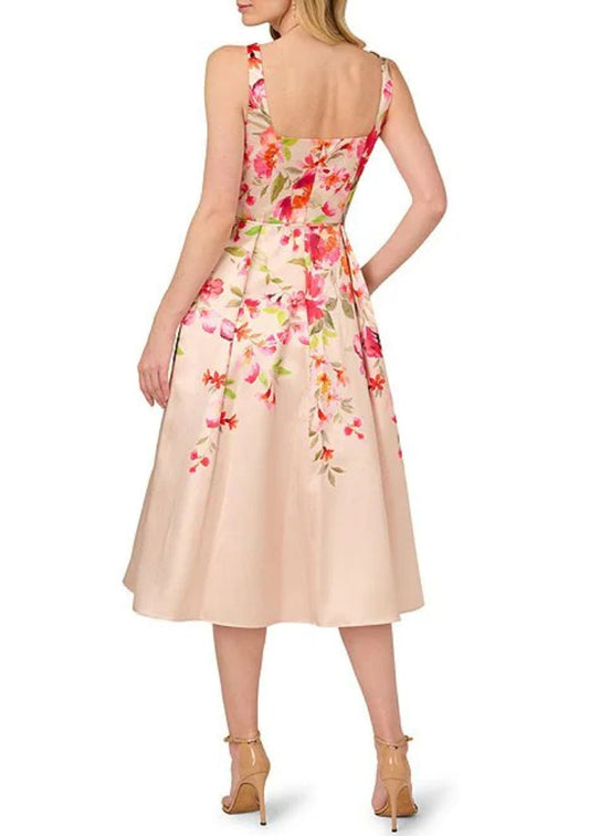 Adrianna Papell Floral Print Square Neckline Sleeveless Back Zipper Closure Seamed Bodice Midi Dress