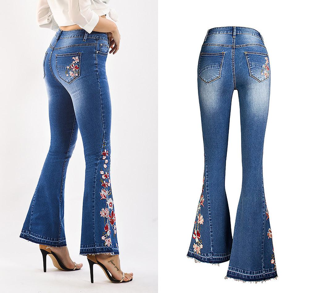Flared Leg Embroidered Denim Jeans | Cowgirl Style with a Floral Touch